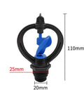Black and blue 360 Degree Rotary Garden Sprinkler Nozzle for 1/2 and 3/4 inch hoses, ABS material, shown with measurements.