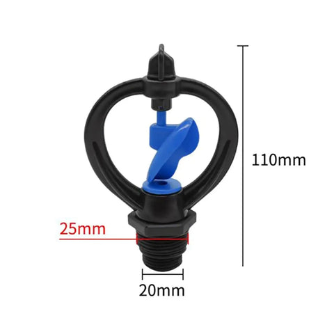 Black and blue 360 Degree Rotary Garden Sprinkler Nozzle for 1/2 and 3/4 inch hoses, ABS material, shown with measurements.
