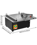 Top Shelf Benchtop Table Saw Featuring Rock Solid Stainless Steel Top And Hefty Copper Motor That Cuts Hardwood Like Butter For Smooth Zero To Forty Five Degree Precision Bevel Cuts, side view with dimensions displayed.