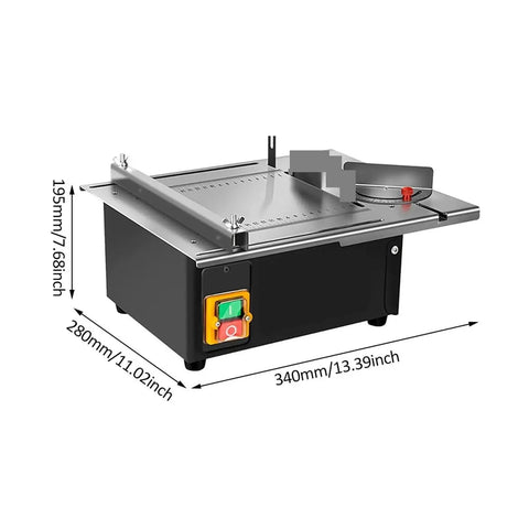 Top Shelf Benchtop Table Saw Featuring Rock Solid Stainless Steel Top And Hefty Copper Motor That Cuts Hardwood Like Butter For Smooth Zero To Forty Five Degree Precision Bevel Cuts, side view with dimensions displayed.