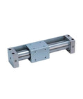 Heavy Duty Compact Pneumatic Rodless Cylinder Running Smooth As Butter With Genuine Precision Linear Actuator Specs For 50 Mm Bore And 450 Mm Stroke, silver metal construction with end fittings.
