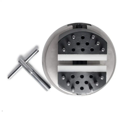 Top view of Pro Grade Engraving Block Ball Vise 5 Inch Heavy Duty Rock Solid Steel Body with 360 Degree Tilt Spin and Rotation Nylon Vice Jaw