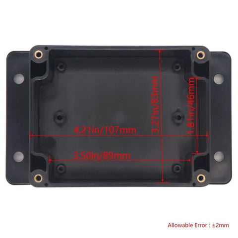 Outdoor IP65 ABS Project Box Electrical Enclosure With Cable Glands Waterproof Junction Box For DIY Projects 4.53 x 3.54 x 2.17 Inches Heavy Duty Weatherproof Workhorse, open interior with size marks