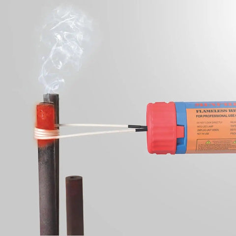 Hella Powerful 1100W Magnetic Induction Heater Kit With Portable Handheld Bolt Extractor, heating a metal bolt with smoke.
