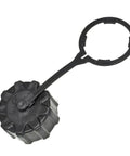 Drain Plug Set With Secure Tether And Quick Empty Caps For Sprayer Tanks, black threaded cap and tether for garden sprayers.