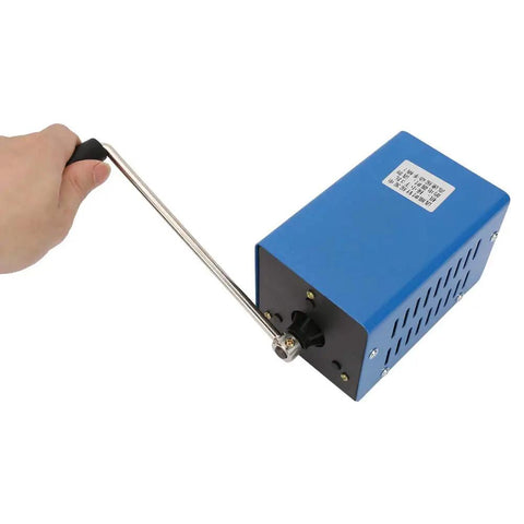 Person operating Crank Powered Portable USB Emergency Generator for Outdoor Camping and Disaster Prep, hand turning handle