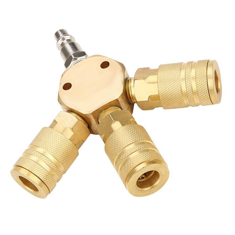 Three Way Brass Pneumatic Manifold With Quick Connect Brass Couplers For Seamless Air Lines In The Shop Or Garage Heavy Duty