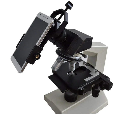 Turn Your Smartphone Into A Video Camera And Image Capture Rig For Binoculars, Telescopes, Spotting Scopes, Monoculars, And Microscopes With An Aluminum Mount, Periscope Adapter, And Remote, Case Friendly Up To 90mm Wide attached to microscope
