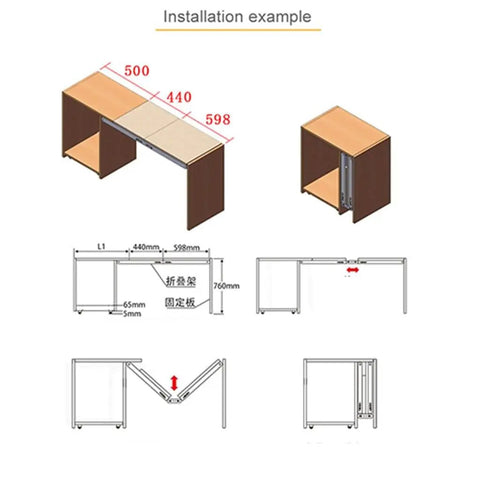 Hidden Desktop Folding Connector Accessories Kit For Space Saving Desks And Tables, Quiet Hydraulic Fold Down Desk Hinges For Dining Tables, Bar Cabinets And Workstations, Complete Set, installation diagram