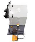 Top Shelf Electric Round Bending Machine Featuring Reversible Foot Pedal Control And Vertically Adjustable Upper Roll, overhead view.