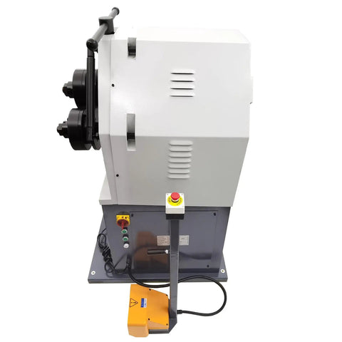 Top Shelf Electric Round Bending Machine Featuring Reversible Foot Pedal Control And Vertically Adjustable Upper Roll, overhead view.