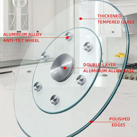 Super Smooth Tempered Glass Lazy Susan For Dining Table 360 Degrees Turntable with aluminum alloy base and polished edges.