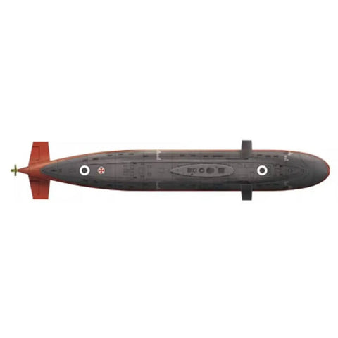 Top view of a 1/350 Chinese Kilo Class Submarine Dunker Model Kit In Plastic Dope Build For Collectors And Builders, showcasing hull details.