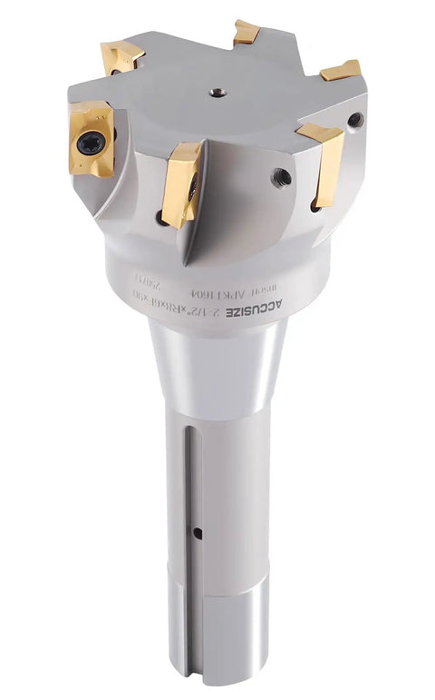 Beefy Indexable End Mill With 2-1/2 Inch Cutting Diameter And 6-1/8 Inch Overall Length, 90 Degree R8 Shank, Includes 6 APKT1604 Carbide Inserts, No Coolant Through, APKT1604 Insert Style For Versatile Metal Milling