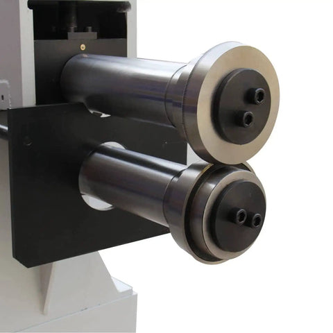 Close-up of Electric Bead Bending Machine for Sheet Metal, showing roller sets and heavy-duty cast iron build, 11.8 inch throat.