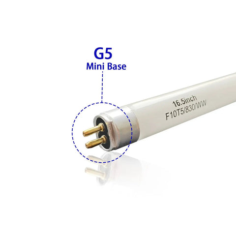 Close-up of G5 base on 16 Inch Fluorescent T5 Replacement Bulbs 10W 3000K Warm White G5 Bipin Base 6 Pack