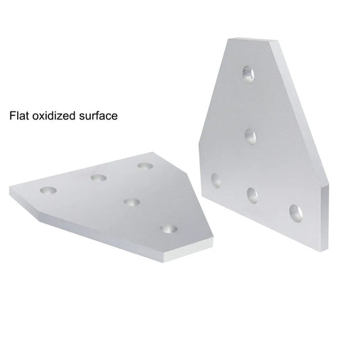 Flat oxidized surface on 10 Series 1010 aluminum extrusion corner bracket from bracket kit with 8 corner brackets 40 T nuts and 40 screws.