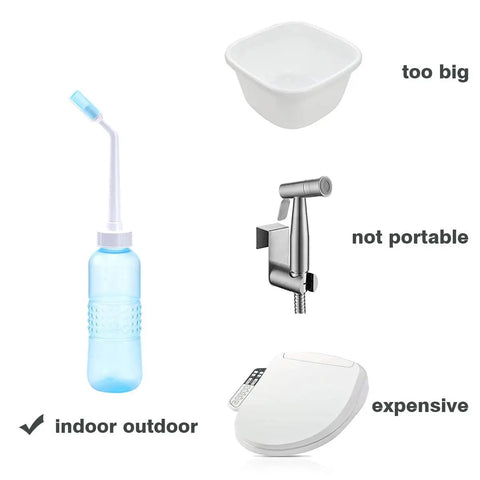 Big Capacity Portable Bidet Bottle With Retractable Nozzle 560 Ml next to alternatives labeled too big, not portable, expensive