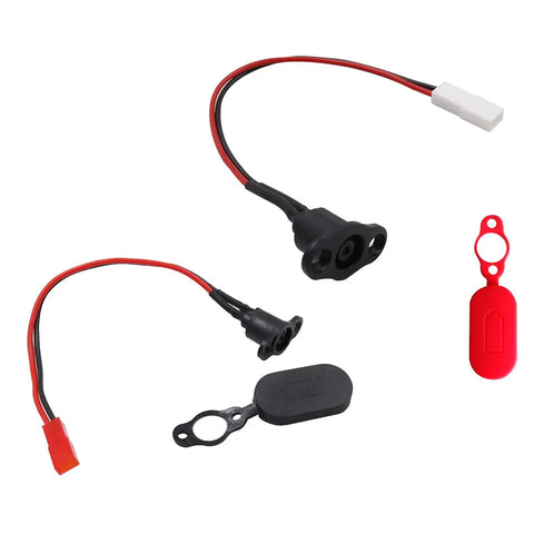 Electric Scooter Charging Port Cover With Silicone Sleeve And Connector Wire Durable Rainproof Protector Easy To Use Replacement Charging Port Accessory For Everyday Rides showing black and red components