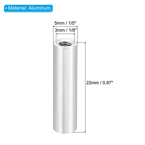 Heavy Duty Aluminum Standoff Spacer Nuts 12 Piece Pack For M3 Bolts Offering Kick Ass Durability With Top Shelf Silver Polish showing 22mm length.