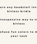 Text promoting Hot Pink Side Pull Hackamore Attachment for Your Bridle, Bitless Bridle Conversion, affordable bitless riding options