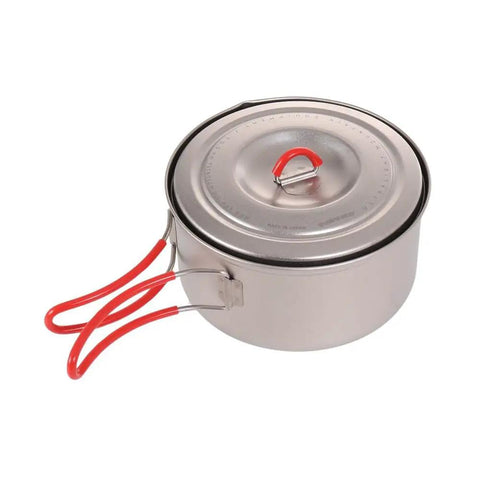 Ultralight Titanium Camping Pot With Folding Handle, 900 Ml Capacity, 0.3mm Thin Yet Durable, lid and red handle detail