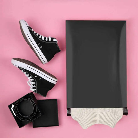 Black 14.5 By 19 Inch Poly Mailers 100 Pack Thick Self Sealing Waterproof Tear Resistant Shipping Bags with sneakers and sweater
