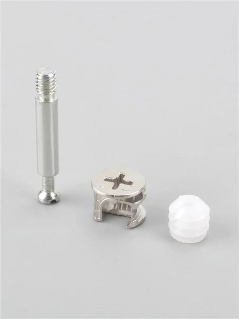 Heavy Duty 50 Piece Cam Lock Fittings No Sweat 3 In 1 Furniture Connector Kit, zinc alloy cam fitting and screws.