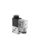 Beefy Two Thirds Way Solenoid Valve For Air Control With One Eighth Inch Port Electric Electromagnetic Valve Compatible With DC 12V 24V Or AC 110V 220V Pneumatic System Ready For Industrial Use, shown at angle with clear and metal parts.