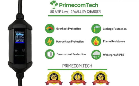 Plug And Play Level 2 EV Charger With 48 Amp Juice And Standard Household Outlet For Reliable Home Setup Plus Thirty Five Foot Heavy Duty Cable showing charge display and features.
