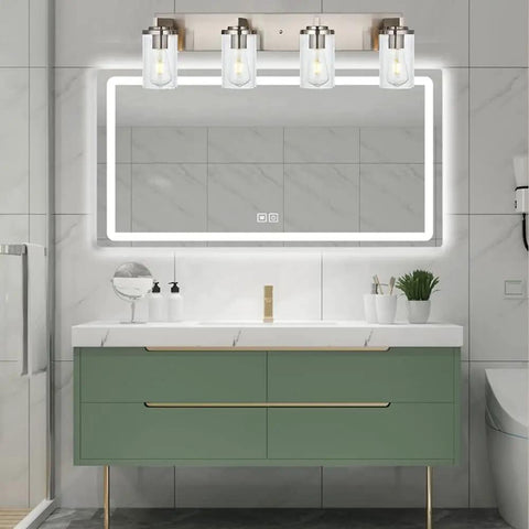 4 Light Brushed Nickel Bathroom Vanity Light Fixture With Seeded Glass Wall Sconce over modern bathroom vanity