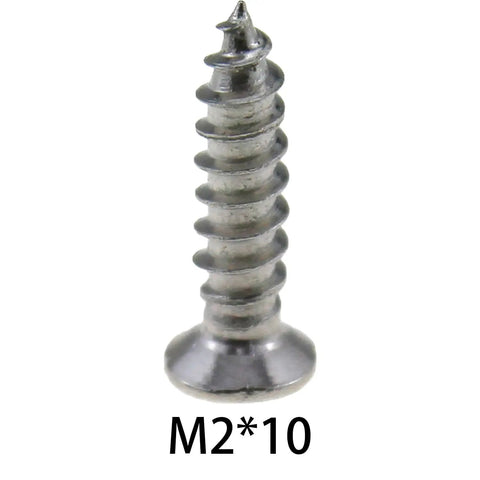 200 Pcs M2 By 10mm Stainless Steel Self Tapping Screw showing detail of spiral thread and flat head design.