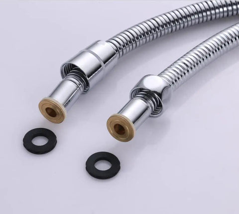 Close-up of 59 inch hose and fittings for Freestanding Bathtub Faucet With Hand Sprayer Floor Mount Tub Filler Single Handle Chrome