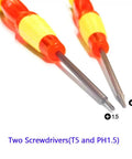 Two screwdrivers from Drone Repair Toolkit For DJI Mini 3 Pro 4 Pro And 5 Pro Drones With T5 And T4 Screwdrivers, Tweezers, And Opening Tools.