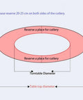 Diagram showing cutlery placement for Glass Lazy Susan Turntable For Kitchen And Dining Table featuring sizes and diameters.