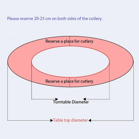 Diagram showing cutlery placement for Glass Lazy Susan Turntable For Kitchen And Dining Table featuring sizes and diameters.