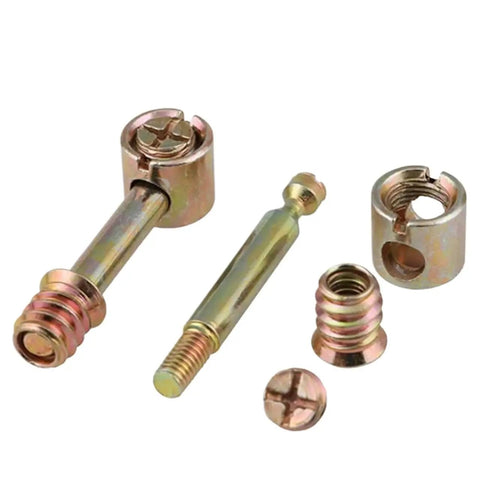 Twenty Piece Set Of Knockout Gold Cam Lock Fittings For Furniture Assembly Rust Proof Heavy Duty Hardware Fasteners showing parts.