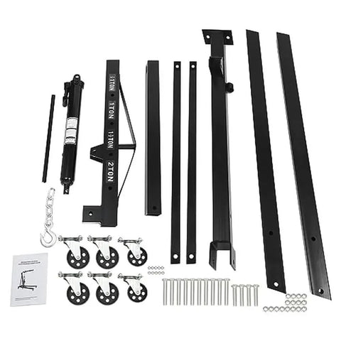 Badass Heavy Duty Folding Engine Hoist 2 Ton Hydraulic Cherry Picker components including frame, hydraulic cylinder, and wheels.