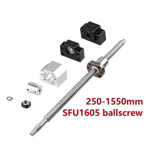 SFU1605 ball screw kit with precision ground 16mm drive shaft, BK BF end supports, and components for CNC upgrade.