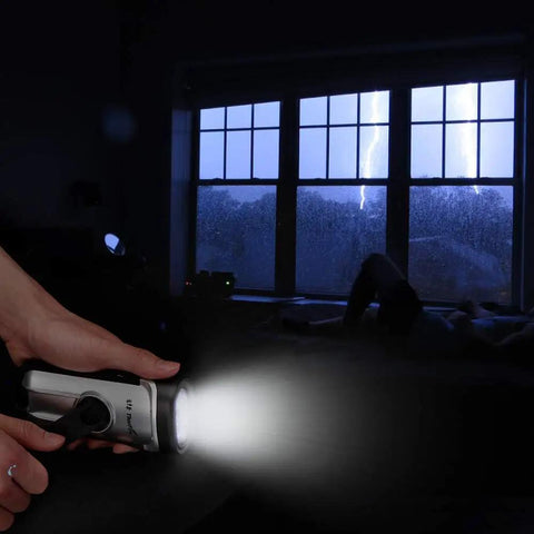 Go To Solar Powered Hand Crank Flashlight For Camping And Outdoors in use during a thunderstorm, illuminating a dark room