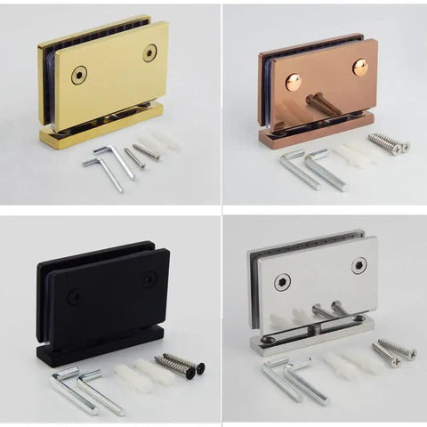 Heavy Duty 304 Stainless Steel Glass Shower Hinge that Handles the Heat with a Brushed Finish and Rock Solid 90 Degree Pivot for Total Peace of Mind on Your Shower Door, available in gold, rose gold, black, and chrome.