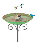 Durable 10 Inch Standing Metal Bird Bath With Stake Outdoor Garden Feeder Bowl Vintage Green Yard Decor For Patio And Lawn Weather Resistant With Easy To Clean Surface And Rust Proof Finish featuring birds.