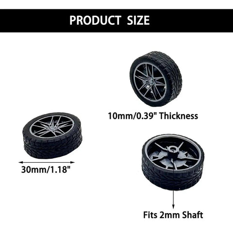 10 Pcs 30mm Rubber Wheels With Metal Shafts Round Axles For RC Cars Trucks Robots DIY Model Toy Wheels Replacement Accessories 2mm Shafts 100mm Length Set