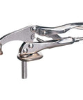 Heavy Duty 6 Inch Drill Press Clamp With Steel Jaw Grabs Like A Vice Keeps Workpiece Locked Down Zero Slack Adjustments, silver metal clamp.