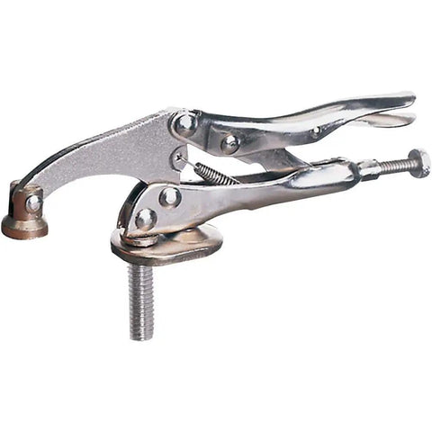 Heavy Duty 6 Inch Drill Press Clamp With Steel Jaw Grabs Like A Vice Keeps Workpiece Locked Down Zero Slack Adjustments, silver metal clamp.