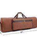Built To Rock 48 Inch Drum Hardware Battle Bag Vintage Water Resistant Duffle side view with measurements, dark brown heavy duty canvas.