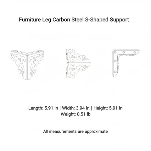 S-Shaped Heavy-Duty Cabinet Support Leg Carbon Steel, 5.9 Inch Height, side and top view with measurements