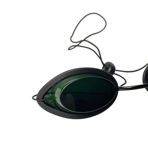 Top Shelf Laser Safety Glasses For IPL And Red Light Therapy Featuring Solid Polycarbonate Lenses with green tint and adjustable strap.
