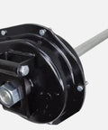 Side view of a black 2-speed gear box for Timpte hopper door, with long steel shaft.
