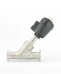 Tri Clamp Y Shaped 304 Stainless Steel Pneumatic Actuated Angle Valve For Steam Gas Oil Water, From DN15 To DN50 Size Range, BSPT Connection, Dual Stainless Steel Body For Industrial Piping. DN25 valve side view